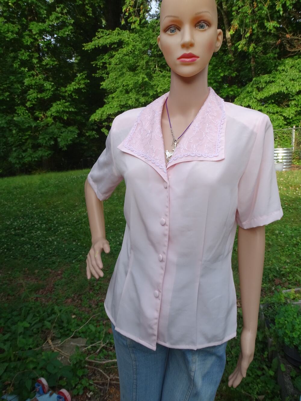 Vintage 80s Pink Lace Trim Blouse Shoulder Pads 6
